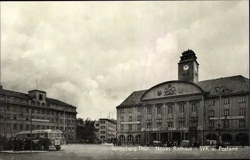 Ak Sonneberg in Thüringen, Neues Rathaus, SVK und Postamt, Bus