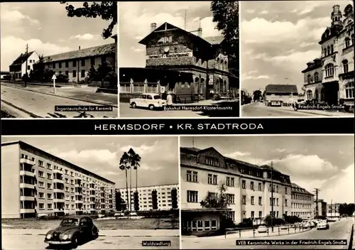 Ak Hermsdorf Thüringen, Ingenieurschule für Keramik, Bahnhof, VEB Keramische Werke, Waldsiedlung