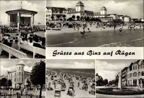 Ak Seebad Binz auf Rügen, Strand und Strandkörbe, Pavillon, Ortsansicht