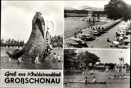 Ak Großschönau in der Oberlausitz Sachsen, Wasserrutsche Walross, Gondelteich, Blick zur Lausche