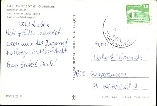 Ak Ballenstedt im Harz, Forstfachschule, Rathaus, Friedenspark, Goetheplatz