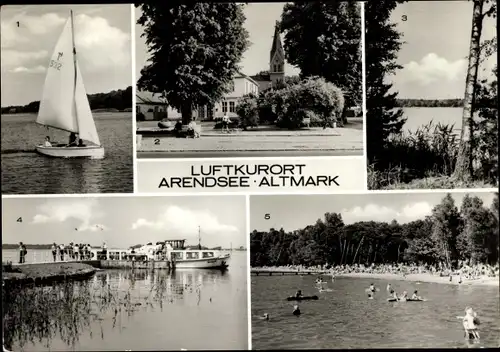 Ak Arendsee in der Altmark, Rathaus, Badestrand, Schramper Ecke, Segelboot