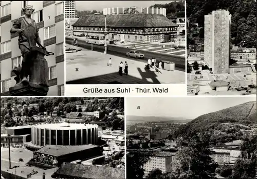 Ak Suhl in Thüringen, Waffenmuseum, Brunnenplastik Waffenschmied, Wilh.-Pieck-Straße