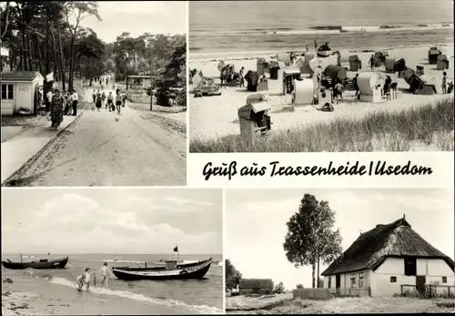 Ak Trassenheide auf Usedom, Haus, Strand, Strandkörbe, Fischerboot