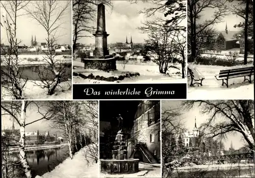 Ak Grimma in Sachsen, Winteransichten, Schnee, Denkmal, Kirche, Brunnen