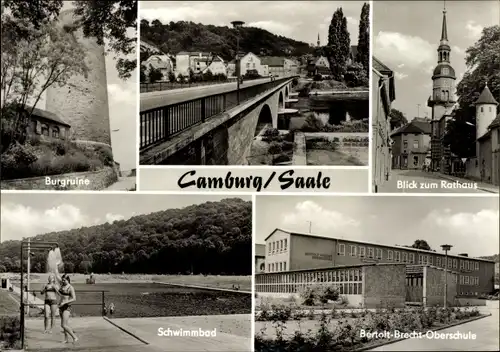 Ak Camburg an der Saale Thüringen, Burgruine, Blick zum Rathaus, Schwimmbad, Oberschule