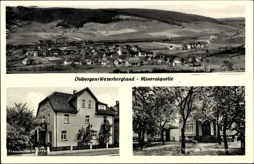 Ak Ottbergen Höxter an der Weser, Fremdenheim Ahrens, Gartenanlage, Panorama vom Ort