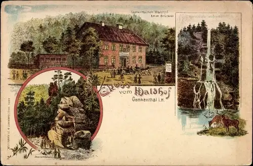 Litho Gemkenthal Clausthal Zellerfeld im Oberharz, Gastwirtschaft Waldhof, Wasserfall, Marienfelsen