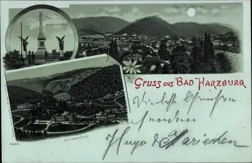 Mondschein Litho Bad Harzburg am Harz, Gesamtansicht, Bismarckstein, Aktienhotel
