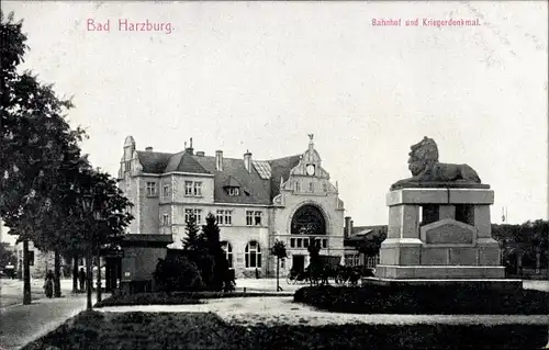 Ak Bad Harzburg in Niedersachsen, Bahnhof und Kriegerdenkmal