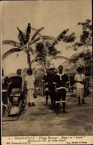 Ak Brazzaville Franz. Kongo, Dorf Bascongo, Abfahrt zu Fuß, Missionen des PP. du Saint Esprit