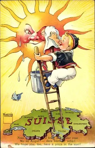 Landkarten Ak Minouvis, Schweiz, Mann putzt Sonne, Kantone