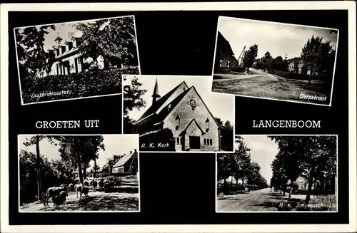 Ak Langenboom Nordbrabant Niederlande, Dorpstraat, Zusterklooster, R. K. Kerk, R. K. Jongenschool