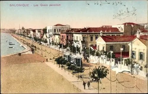 Ak Saloniki Thessaloniki Griechenland, Les Quais pavoises, Straßenbahn