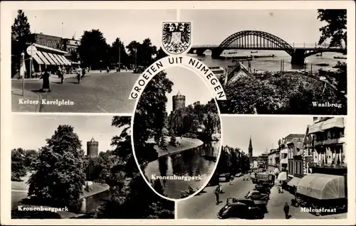 Ak Nijmegen Gelderland, Keizer Karelplein, Kronenburgpark, Waalbrug, Molenstraat, Wappen