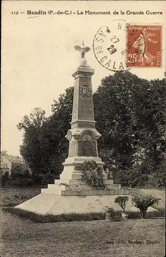 Ak Hesdin Pas de Calais, das Denkmal des Großen Krieges