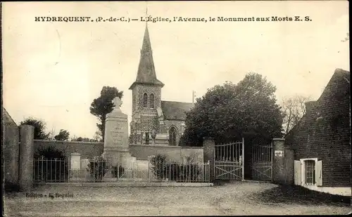 Ak Hydrequent Pas de Calais, Die Kirche, die Allee und das Denkmal