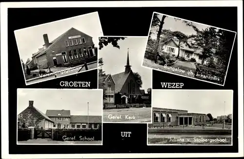 Ak Wezep Gelderland Niederlande, Verenigingsgebouw, Bungalow i/h Julianapark, Geref. School