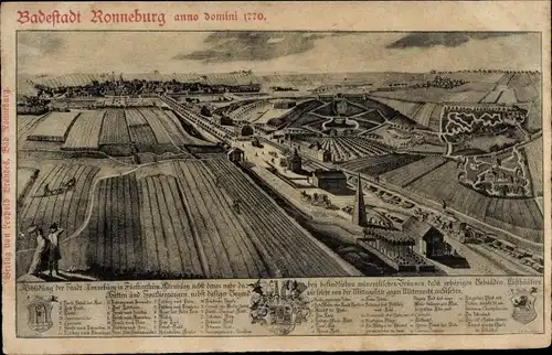 Ak Ronneburg in Thüringen, Gesamtansicht anno domini 1770