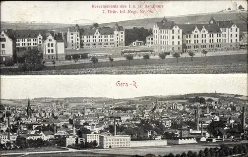 Ak Reuß Gera Thüringen, Kaserne des I. u. II. Bataillons 7. Thür. Inf. Regt. Nr. 96, Stadtpanorama