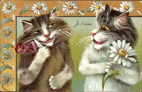 Litho Je t'aime, vermenschlichtes Katzenpaar