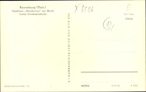 Ak Ronneburg in Thüringen, Gasthaus Gambrinus am Markt
