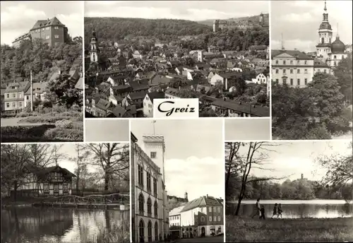 Ak Greiz im Vogtland, Oberes u. unteres Schloss, Stadtkirche, Schwanenhäuschen, Rathaus, Leninpark