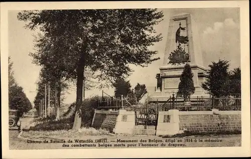 Ak Champ de Bataille de Waterloo, Monument des Belges