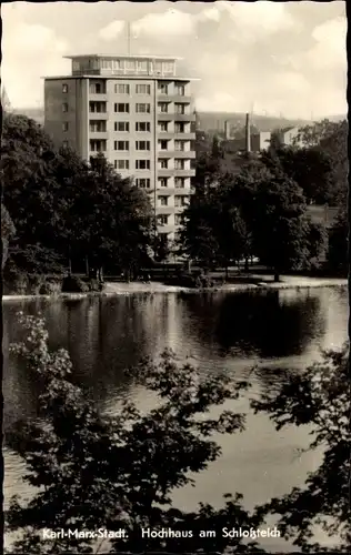 Ak Karl Marx Stadt Chemnitz in Sachsen, Hochhaus am Schlossteich