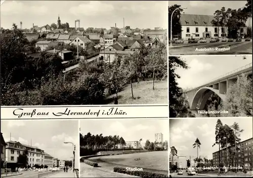 Ak Hermsdorf in Thüringen, Teufelstalbrücke, Ortsansicht, Friedrich-Engels-Straße, Stadion