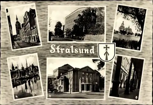 Ak Stralsund in Vorpommern, Badestraße, Marienkirche, Stadttheater, Krankenhaus am Sund