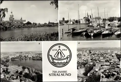 Ak Stralsund in Vorpommern, Marienkirche, Hafen, Frankenvorstadt, Panorama, 750 Jahre 1984