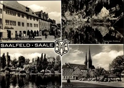 Ak Saalfeld an der Saale Thüringen, Am Markt, Blick zur Gondelstation, Ho-Hotel Anker, Ho-Milchbad