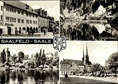 Ak Saalfeld an der Saale Thüringen, Am Markt, Blick zur Gondelstation, Ho-Hotel Anker, Ho-Milchbad