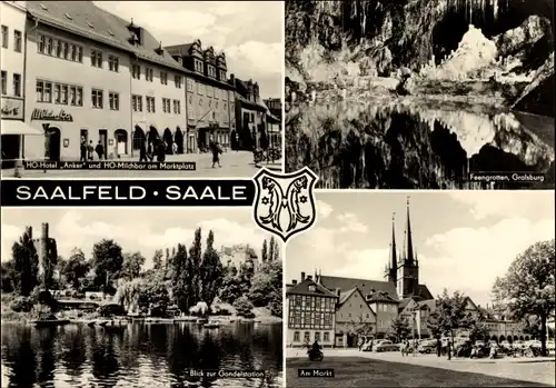 Ak Saalfeld an der Saale Thüringen, Am Markt, Blick zur Gondelstation, Ho-Hotel Anker, Ho-Milchbad