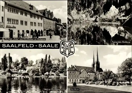 Ak Saalfeld an der Saale Thüringen, Am Markt, Blick zur Gondelstation, Ho-Hotel Anker, Ho-Milchbad