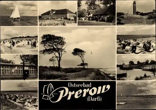 Ak Ostseebad Prerow auf dem Darß, Segelboot, Leuchtturm, Am Strand, Teilansicht