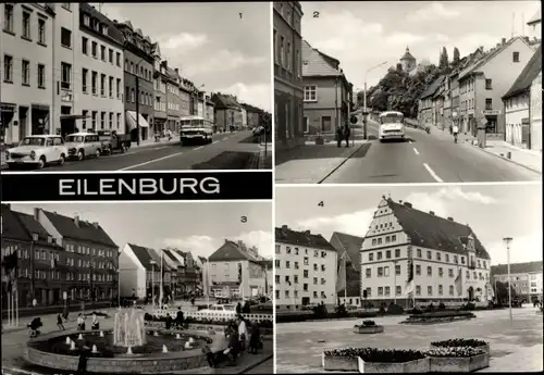 Ak Eilenburg an der Mulde Sachsen, Leipziger Straße, Bergstraße, Markt, Rathaus, Springbrunnen,Busse