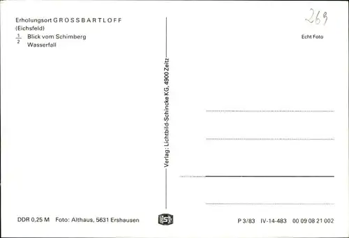 Ak Großbartloff im Eichsfeld Thüringen, Blick vom Schimberg, Wasserfall