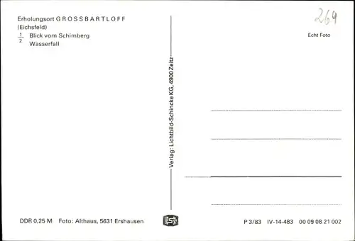 Ak Großbartloff im Eichsfeld Thüringen, Blick vom Schimberg, Wasserfall