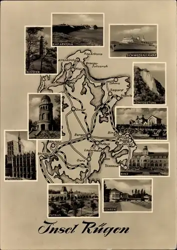 Ak Insel Rügen, Landkarte, Petbus, Binz, Bergen, Altenkirchen, Königsstuhl, Kloster