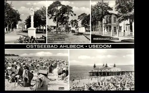 Ak Ostseebad Ahlbeck Heringsdorf auf Usedom, Konzertplatz, Strand, FDGB-Urlauberdorf, Seebrücke