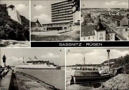 Ak Sassnitz auf Rügen, Insel Rügen, Königsstuhl, Rügen-Hotel, Eisenbahnfähre MS Saßnitz am Molenkopf