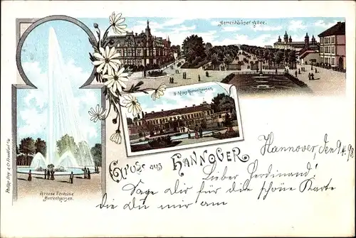 Litho Hannover in Niedersachsen, Herrenhäuser Allee, Große Fontaine, Schloss Herrenhausen