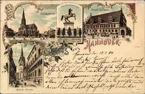 Litho Hannover in Niedersachsen, Christuskirche, Sachsenross, Das alte Rathaus, Marktkirche