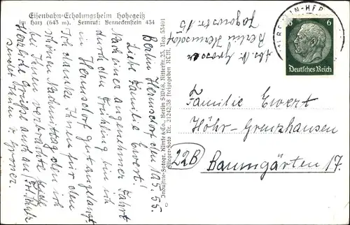 Ak Hohegeiß Braunlage im Oberharz, Eisenbahn-Erholungsheim, Luftbild