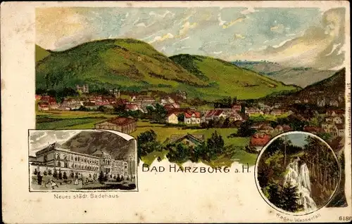 Glitzer Litho Bad Harzburg am Harz, Panorama, neues städt. Badehaus, Radau Wasserfall