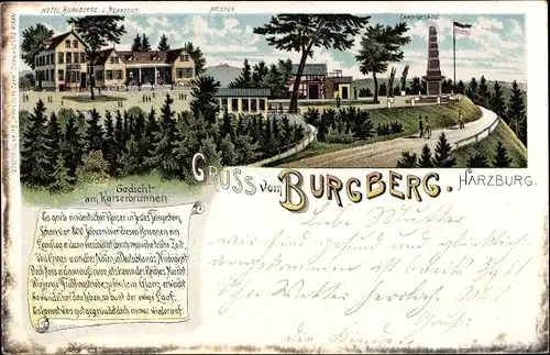 Litho Bad Harzburg Niedersachsen, Hotel Burgberge, Brocken, Canossa Säule, Gedicht am Kaiserbrunnen