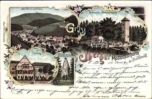 Litho Bad Grund im Harz, Iberger Aussichtsturm, Kurhaus, Kaiserdenkmal am Hübichenstein