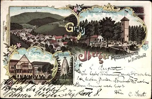 Litho Bad Grund im Harz, Iberger Aussichtsturm, Kurhaus, Kaiserdenkmal am Hübichenstein